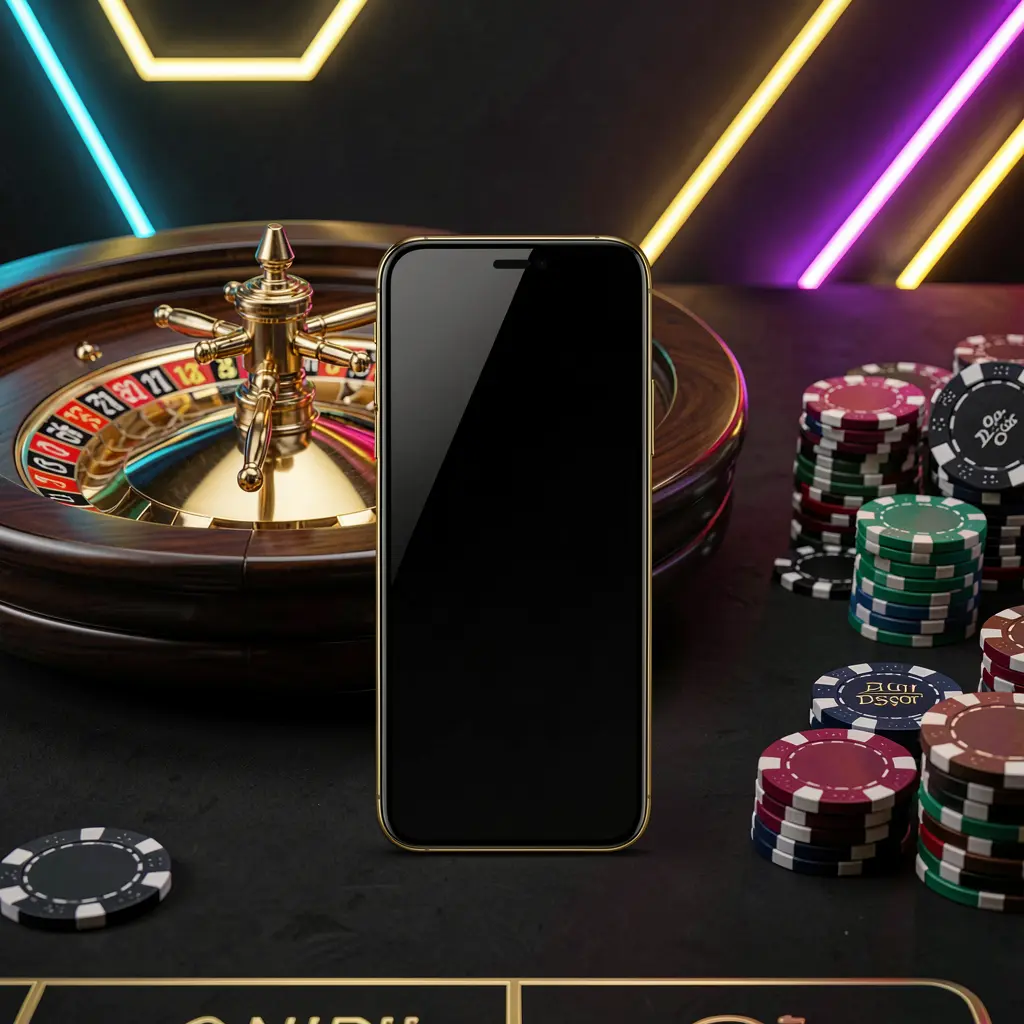 SIGE87 mobile casino application scene featuring a phone in the center with a roulette wheel and poker chips in the background, illuminated by glowing neon lights in a premium black and gold style SIGE87 mobile casino application scene featuring a phone in the center with a roulette wheel and poker chips in the background, illuminated by glowing neon lights in a premium black and gold style