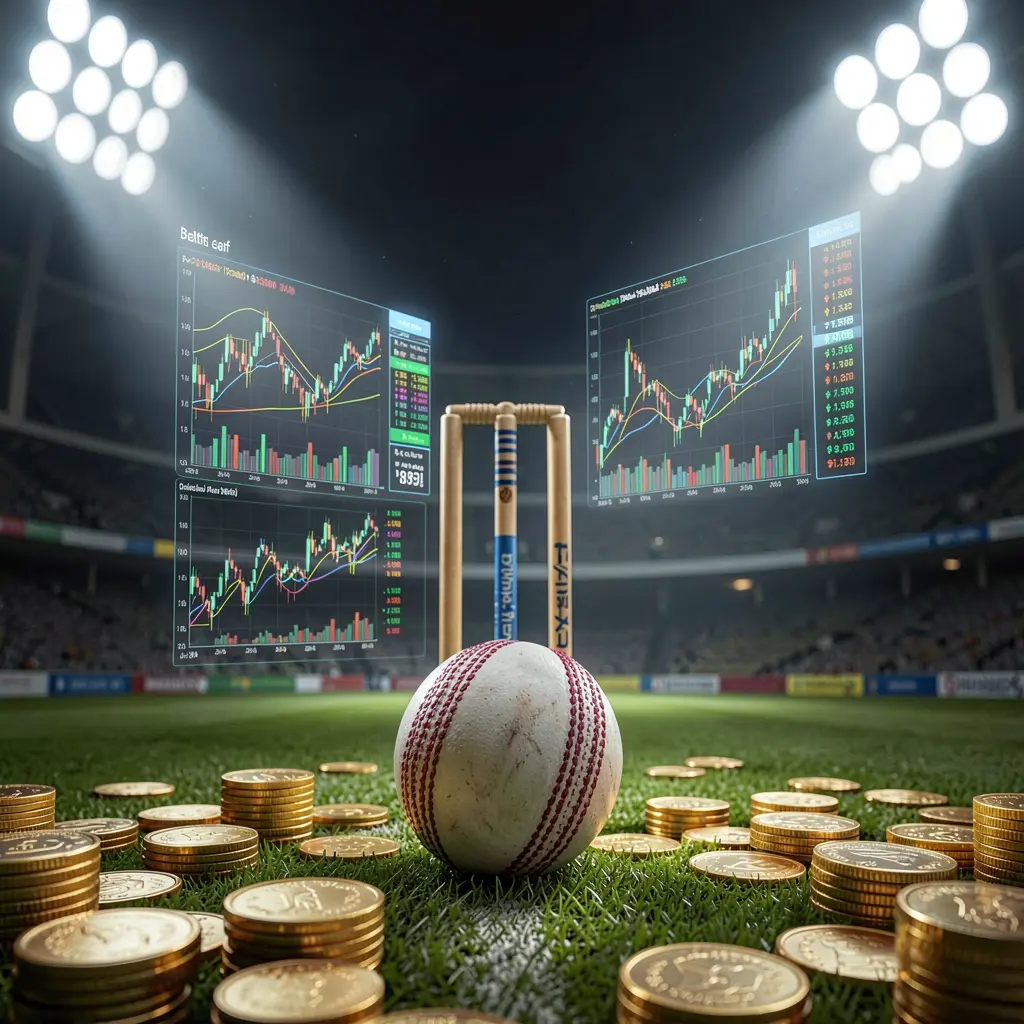 SIGE87 cricket betting page background featuring a cricket ball in the foreground with wickets behind, dramatic stadium floodlights illuminating the scene, golden coins scattered around, and glowing data charts enhancing the dynamic sports betting atmosphere