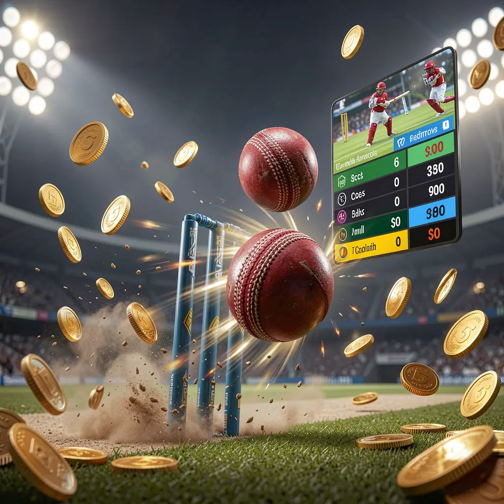 SIGE87 cricket match betting banner showing a cricket ball hitting wickets with dynamic motion under stadium lights, featuring a floating odds interface and coins in a premium sports atmosphere