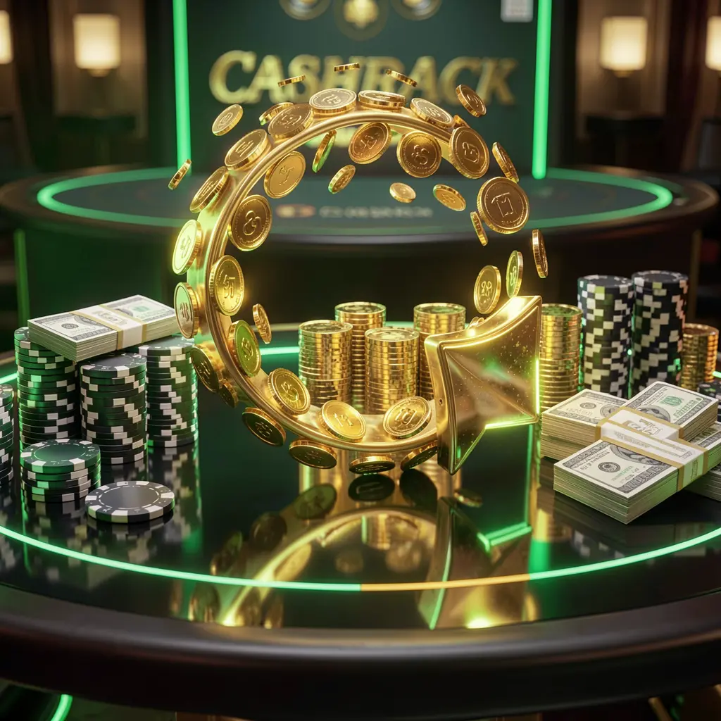 SIGE87 casino cashback bonus visual featuring golden coins returning in a circular arrow motion with poker chips and cash bundles on a glossy dark table illuminated by glowing green and gold accents in a realistic 3D render