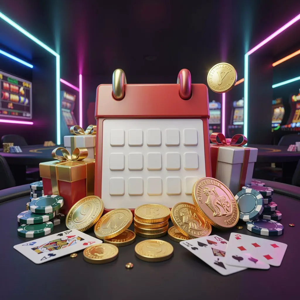 SIGE87 weekly online casino bonus concept featuring a calendar icon surrounded by golden coins, gift boxes, poker chips, and playing cards against a dark modern background with neon lights in a festive casino atmosphere