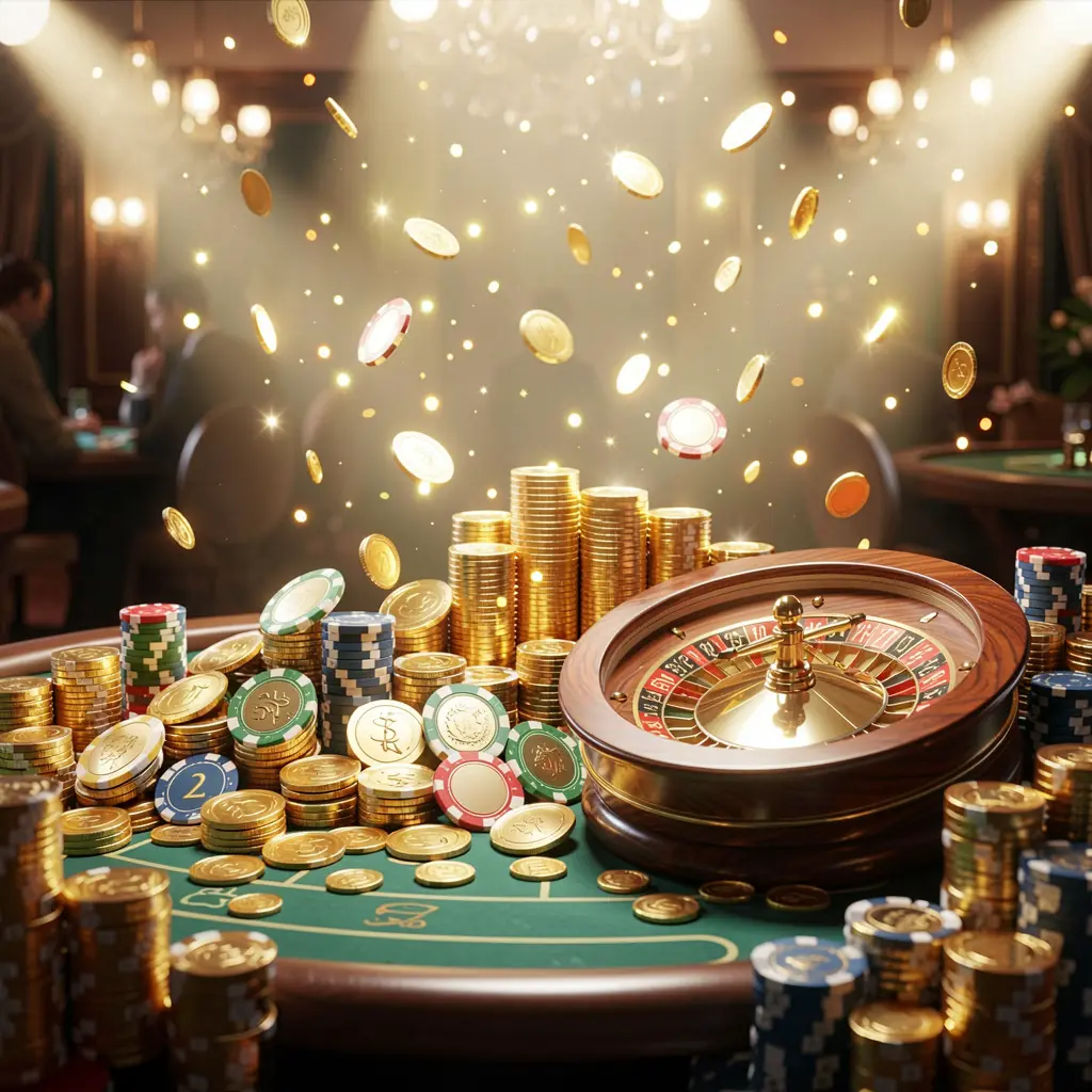 SIGE87 casino jackpot scene featuring golden coins, poker chips, and a roulette wheel illuminated by bright glowing lights in a luxury celebration atmosphere SIGE87 casino jackpot scene featuring golden coins, poker chips, and a roulette wheel illuminated by bright glowing lights in a luxury celebration atmosphere
