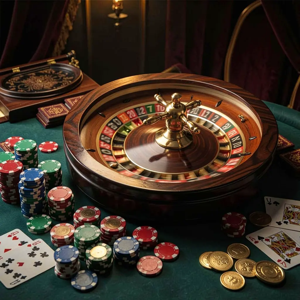 SIGE87 classic casino scene featuring a spinning roulette wheel, scattered chips, playing cards, and coins on a dark elegant table with cinematic lighting SIGE87 classic casino scene featuring a spinning roulette wheel, scattered chips, playing cards, and coins on a dark elegant table with cinematic lighting