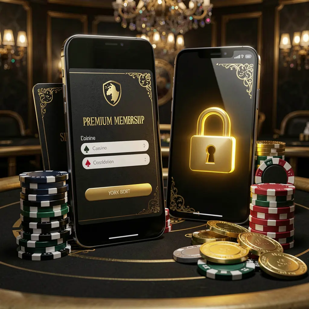 SIGE87 casino member login concept with premium membership card beside smartphone, glowing lock symbol, poker chips and coins on a black and gold luxury background