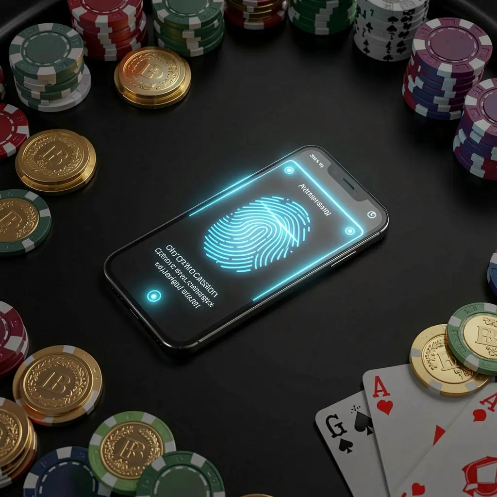 SIGE87 online casino authentication concept showing a phone with glowing fingerprint scan on a premium black table surrounded by poker chips, golden coins, and playing cards in a cinematic 3D render