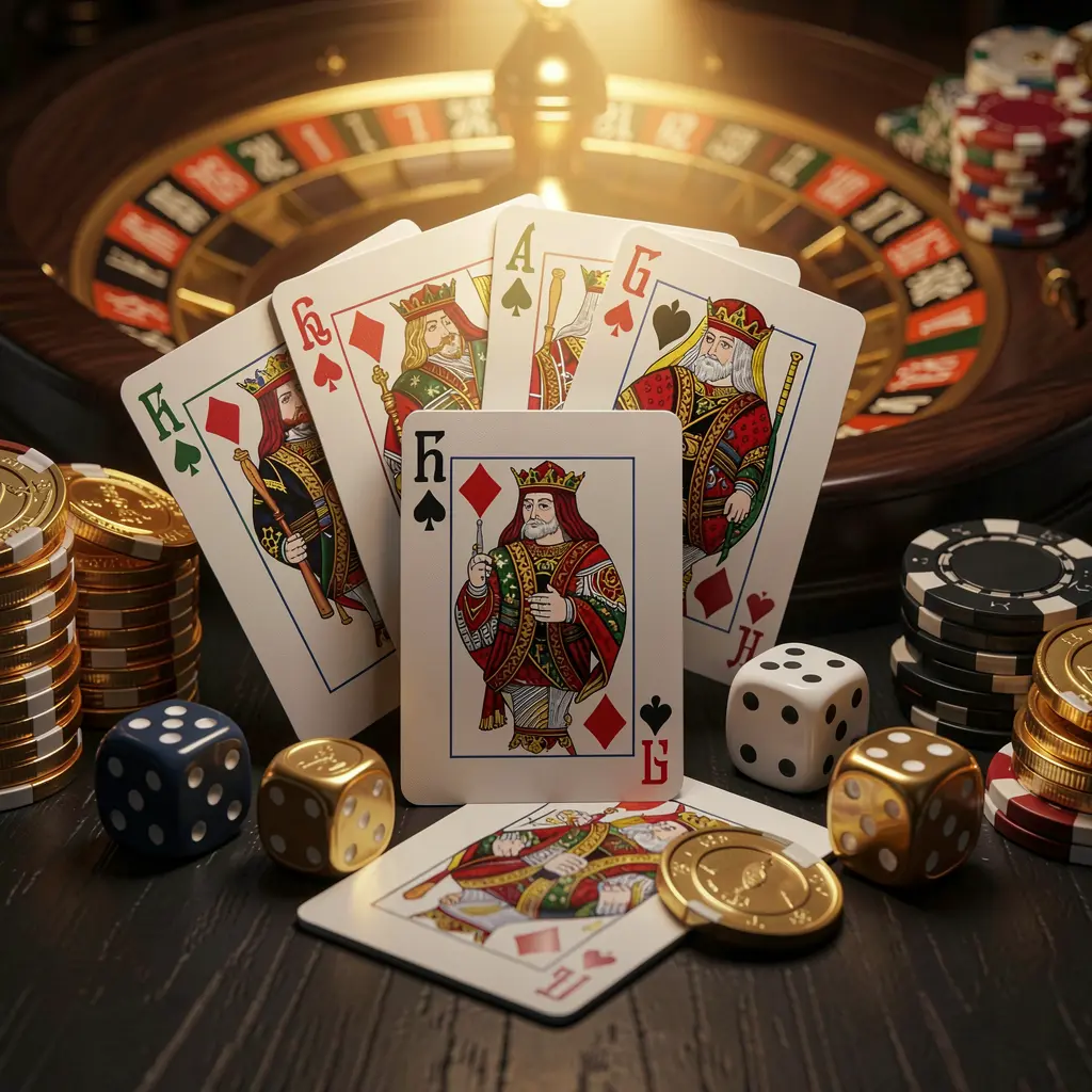 SIGE87 elegant online casino homepage featuring royal flush cards, dice, golden coins, poker chips on a dark table with a glowing roulette wheel in the background in a cinematic 3D render